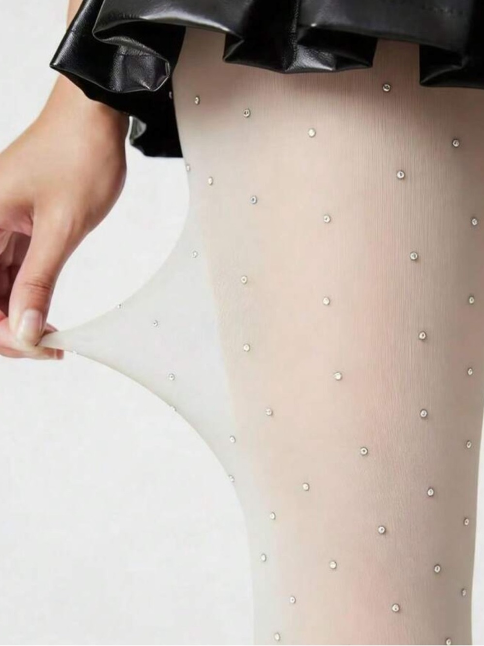 Sheer Rhinestone Pearl-Studded Milky White Tights